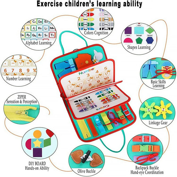 Carte Senzoriala Educativa Montessori, Kaveny, cu Activitati, Dezvoltare Abilitati Motorii, 4 Pagini, Model Spatiu Cosmic, 28x22x7 cm, Albastru