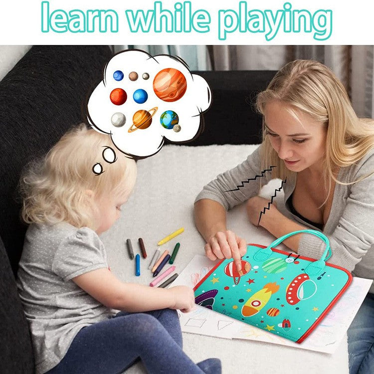 Carte Senzoriala Educativa Montessori, Kaveny, cu Activitati, Dezvoltare Abilitati Motorii, 4 Pagini, Model Spatiu Cosmic, 28x22x7 cm, Albastru