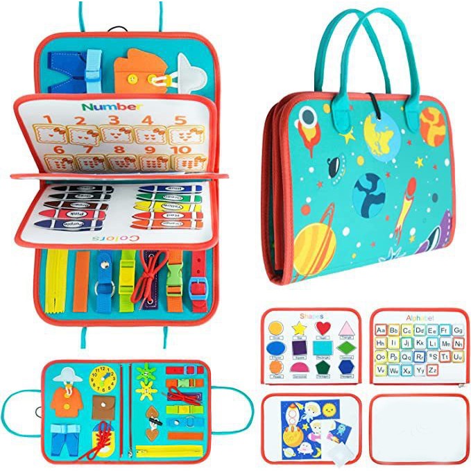 Carte Senzoriala Educativa Montessori, Kaveny, cu Activitati, Dezvoltare Abilitati Motorii, 4 Pagini, Model Spatiu Cosmic, 28x22x7 cm, Albastru