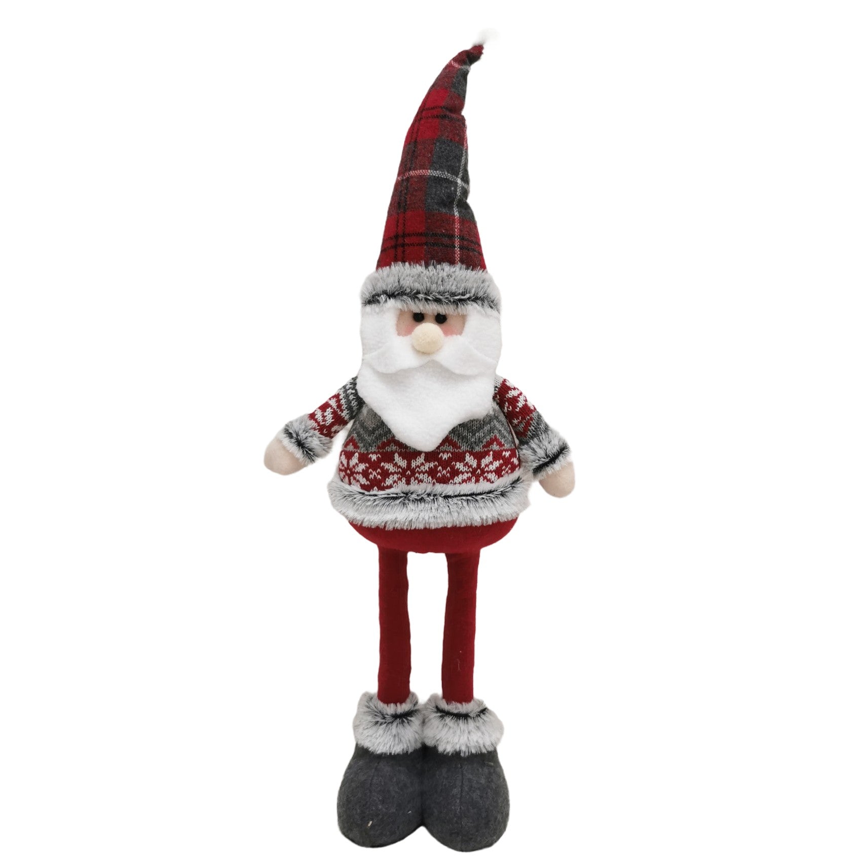 Figurina Decorativa, Pentru Craciun, Kadeny, Mos Craciun, Picioare Telescopice, Inaltime Reglabila 44-54cm, Bluza cu Fulgi, Rosu/Gri