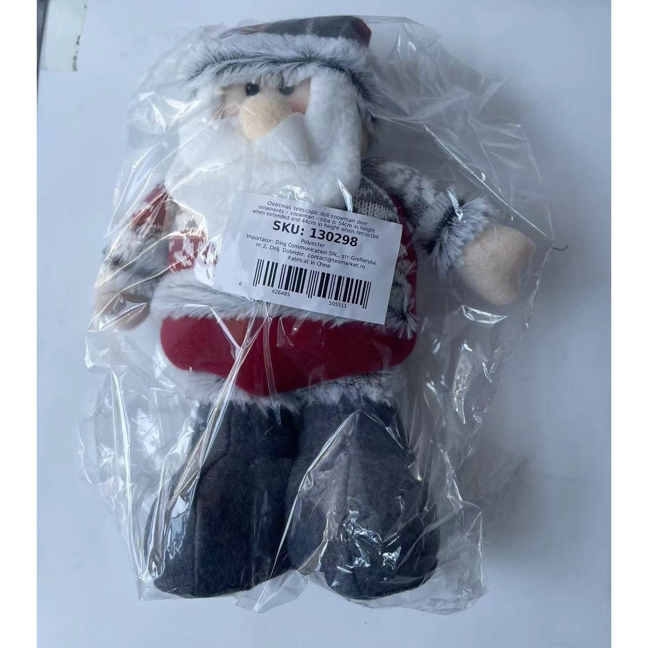 Figurina Decorativa, Pentru Craciun, Kadeny, Mos Craciun, Picioare Telescopice, Inaltime Reglabila 44-54cm, Bluza cu Fulgi, Rosu/Gri