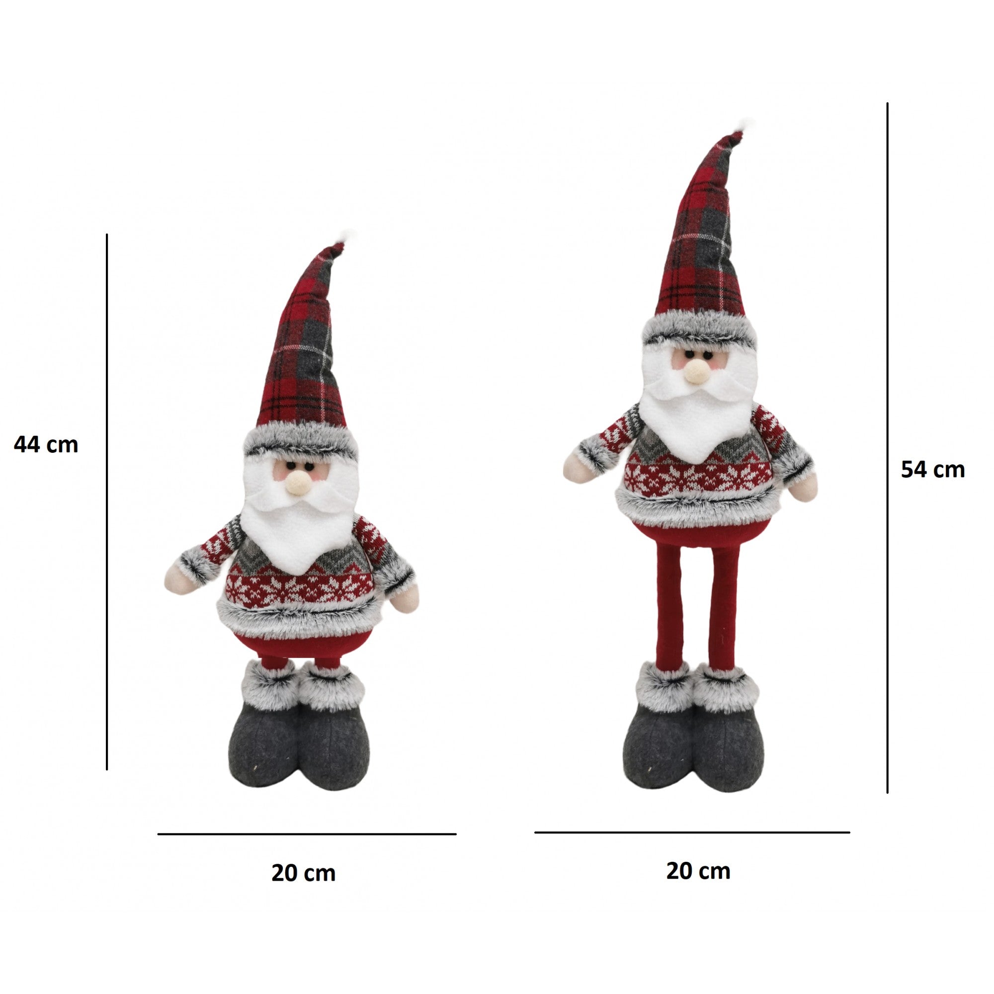 Figurina Decorativa, Pentru Craciun, Kadeny, Mos Craciun, Picioare Telescopice, Inaltime Reglabila 44-54cm, Bluza cu Fulgi, Rosu/Gri