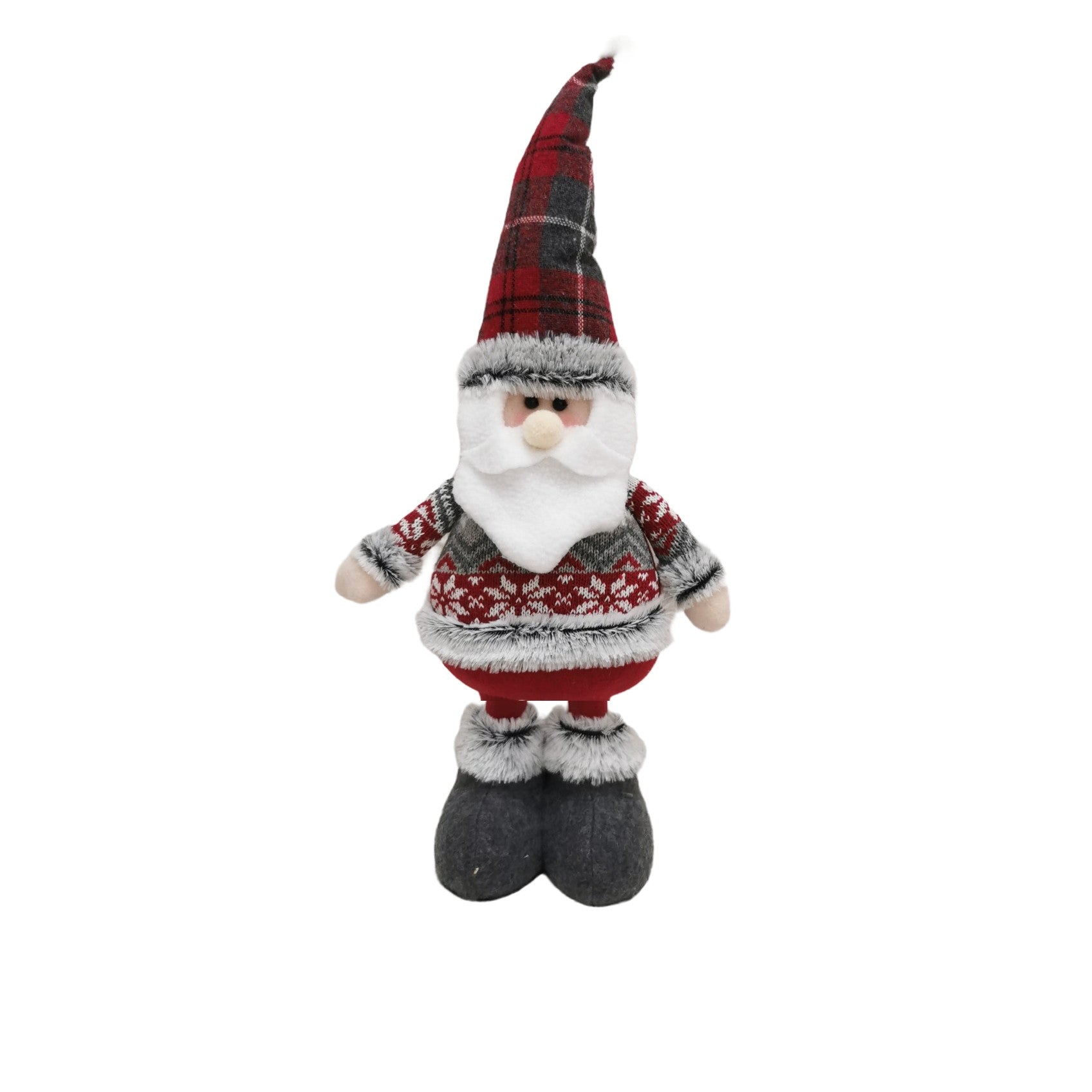 Figurina Decorativa, Pentru Craciun, Kadeny, Mos Craciun, Picioare Telescopice, Inaltime Reglabila 44-54cm, Bluza cu Fulgi, Rosu/Gri