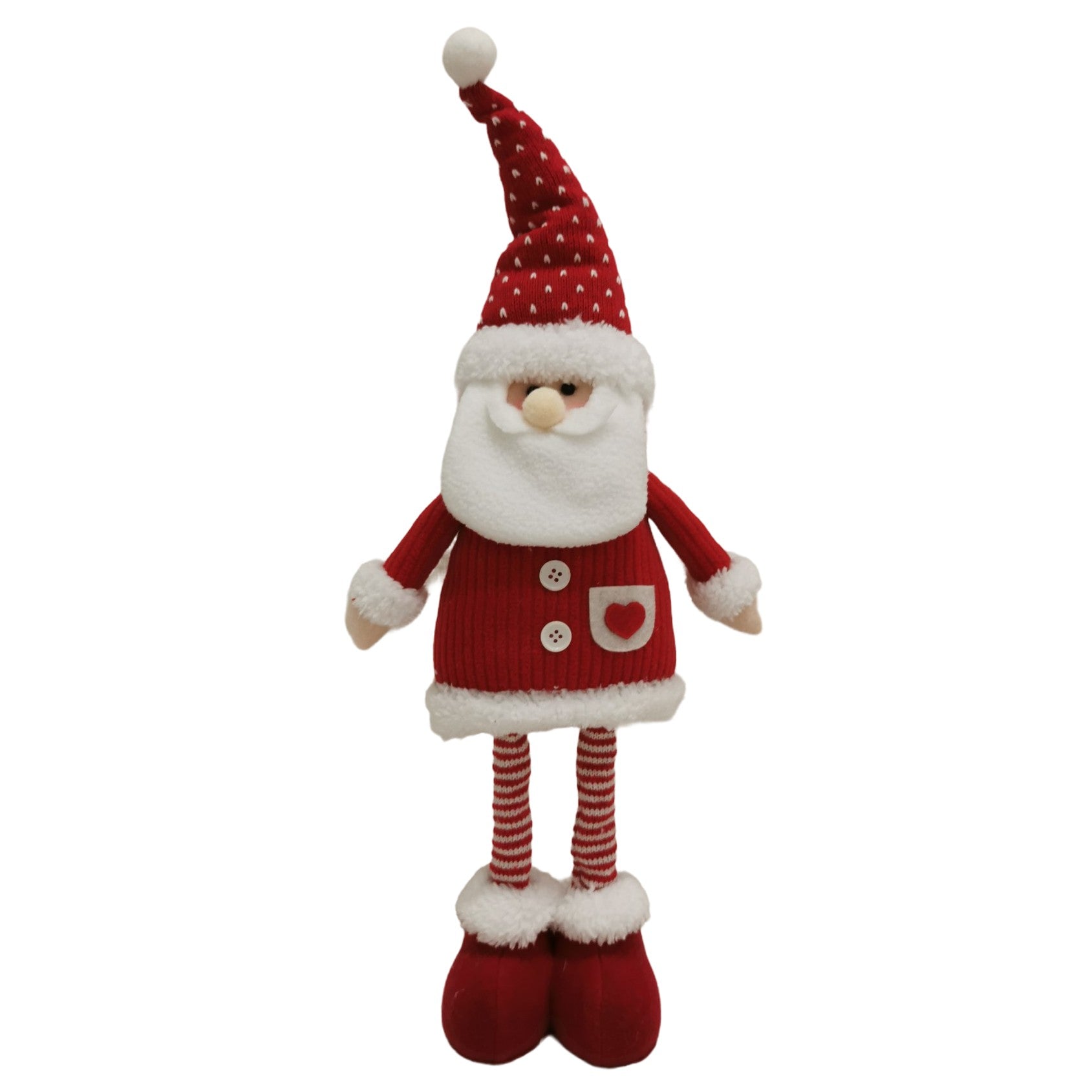 Figurina Decorativa, Pentru Craciun, Kadeny, Mos Craciun, Picioare Telescopice, Inaltime Reglabila 44-54cm, Caciula cu Inimioare, Alb/Rosu