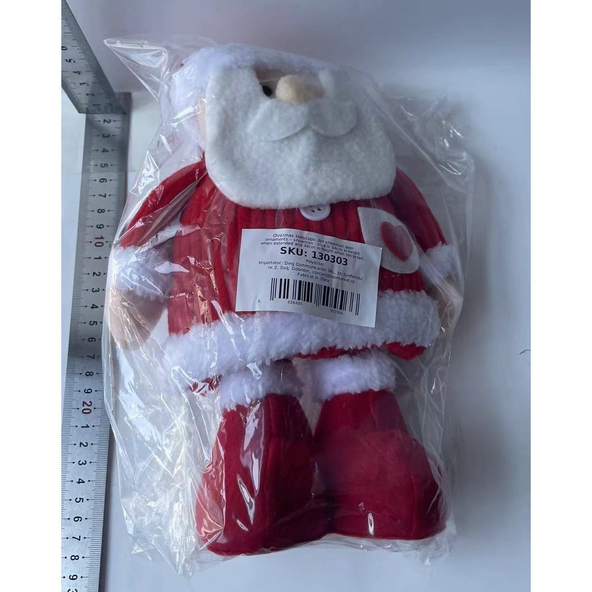 Figurina Decorativa, Pentru Craciun, Kadeny, Mos Craciun, Picioare Telescopice, Inaltime Reglabila 44-54cm, Caciula cu Inimioare, Alb/Rosu