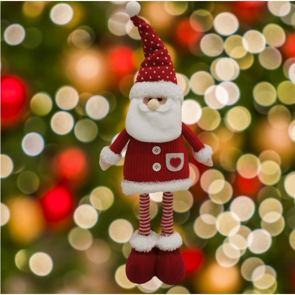 Figurina Decorativa, Pentru Craciun, Kadeny, Mos Craciun, Picioare Telescopice, Inaltime Reglabila 44-54cm, Caciula cu Inimioare, Alb/Rosu