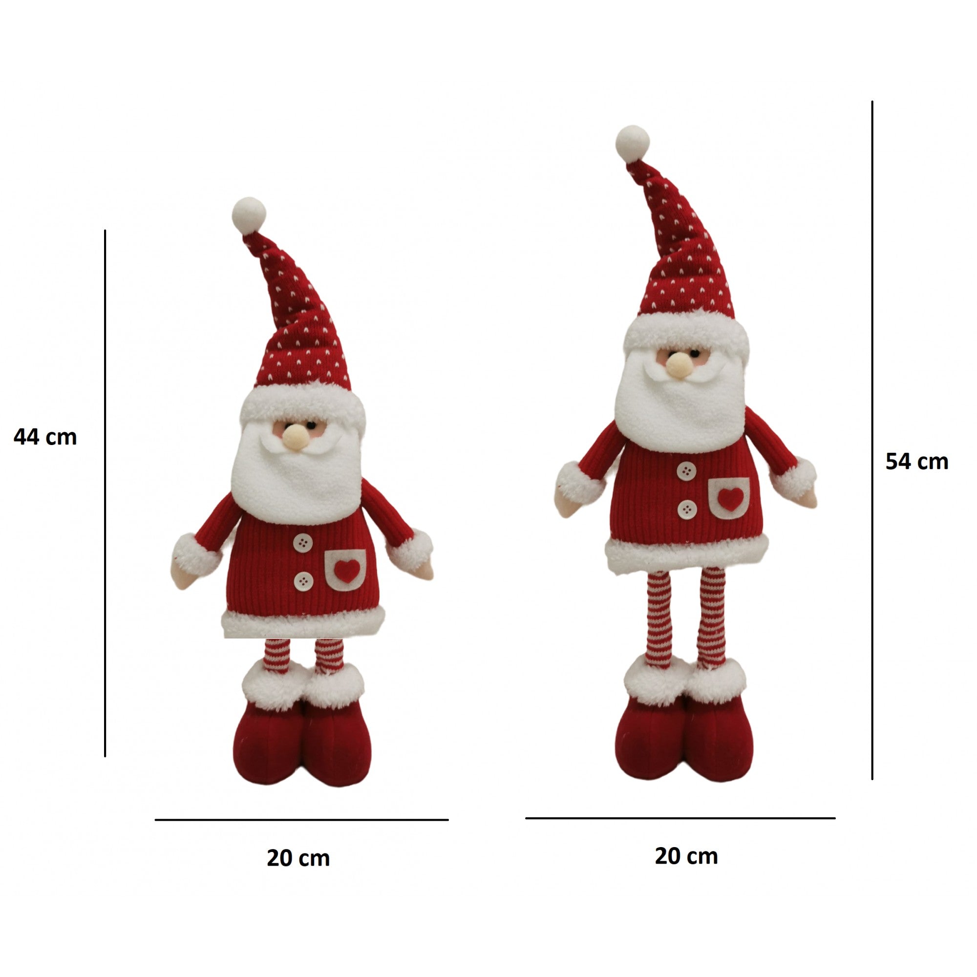 Figurina Decorativa, Pentru Craciun, Kadeny, Mos Craciun, Picioare Telescopice, Inaltime Reglabila 44-54cm, Caciula cu Inimioare, Alb/Rosu