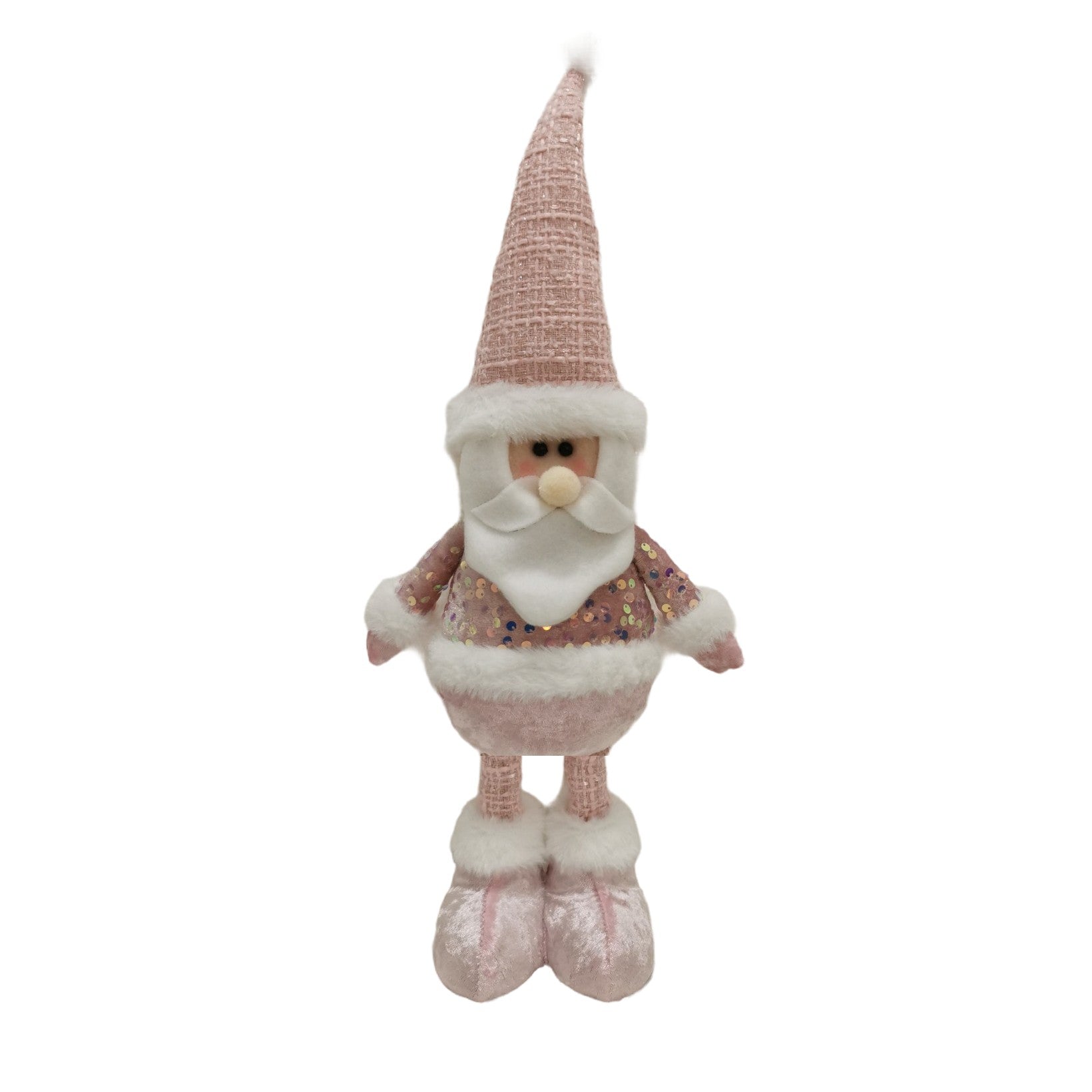 Figurina Decorativa, Pentru Craciun, Kadeny, Mos Craciun, Picioare Telescopice, Inaltime Reglabila 44-54cm, Bluza cu Paiete, Roz