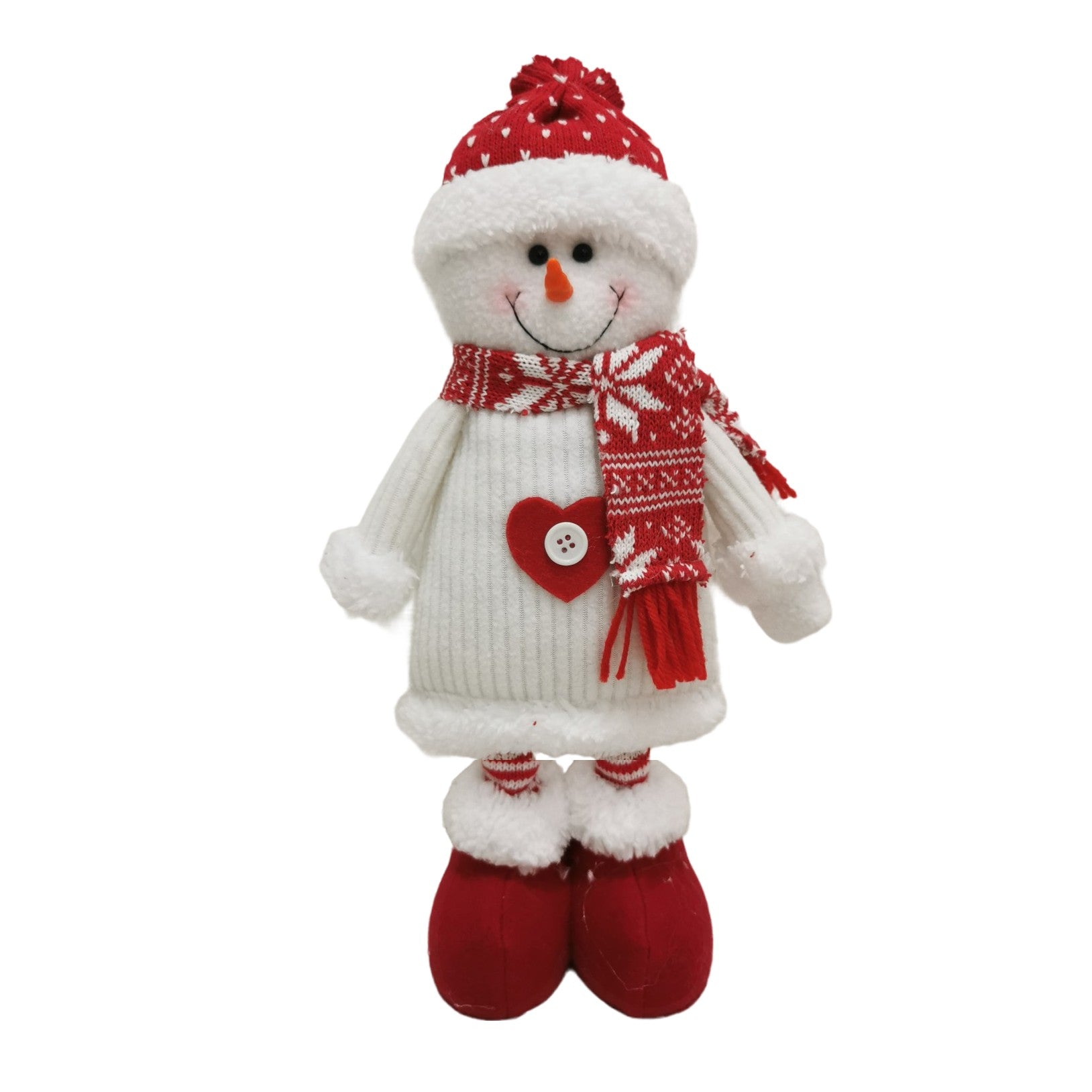 Figurina Decorativa, Pentru Craciun, Kadeny, Om de Zapada, Picioare Telescopice, Inaltime Reglabila 44-54cm, Caciula cu Inimioare, Alb/Rosu