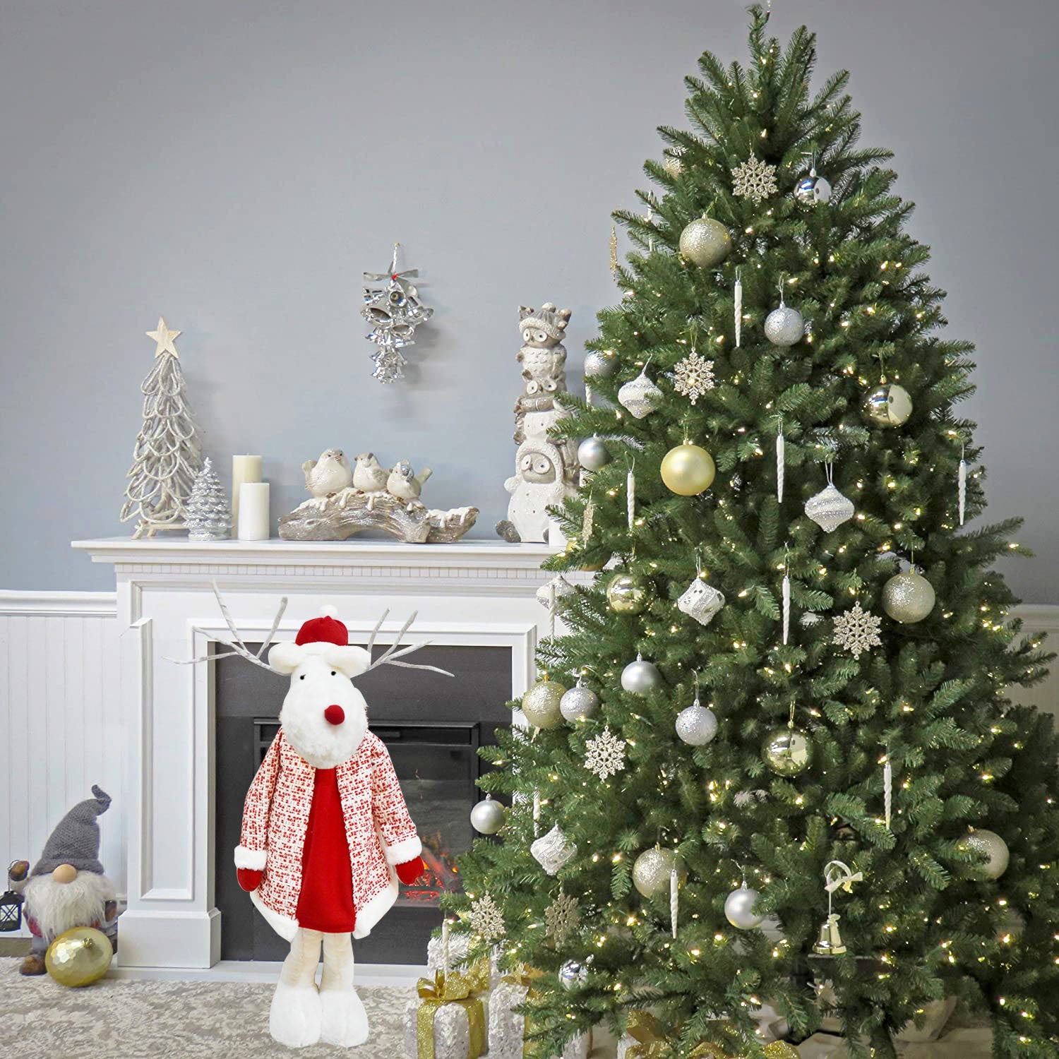 Figurina Decorativa, Pentru Craciun, Kadeny, Ren, Picioare Telescopice, Inaltime Reglabila 42 - 80 cm, cu Haina, Alb/Rosu