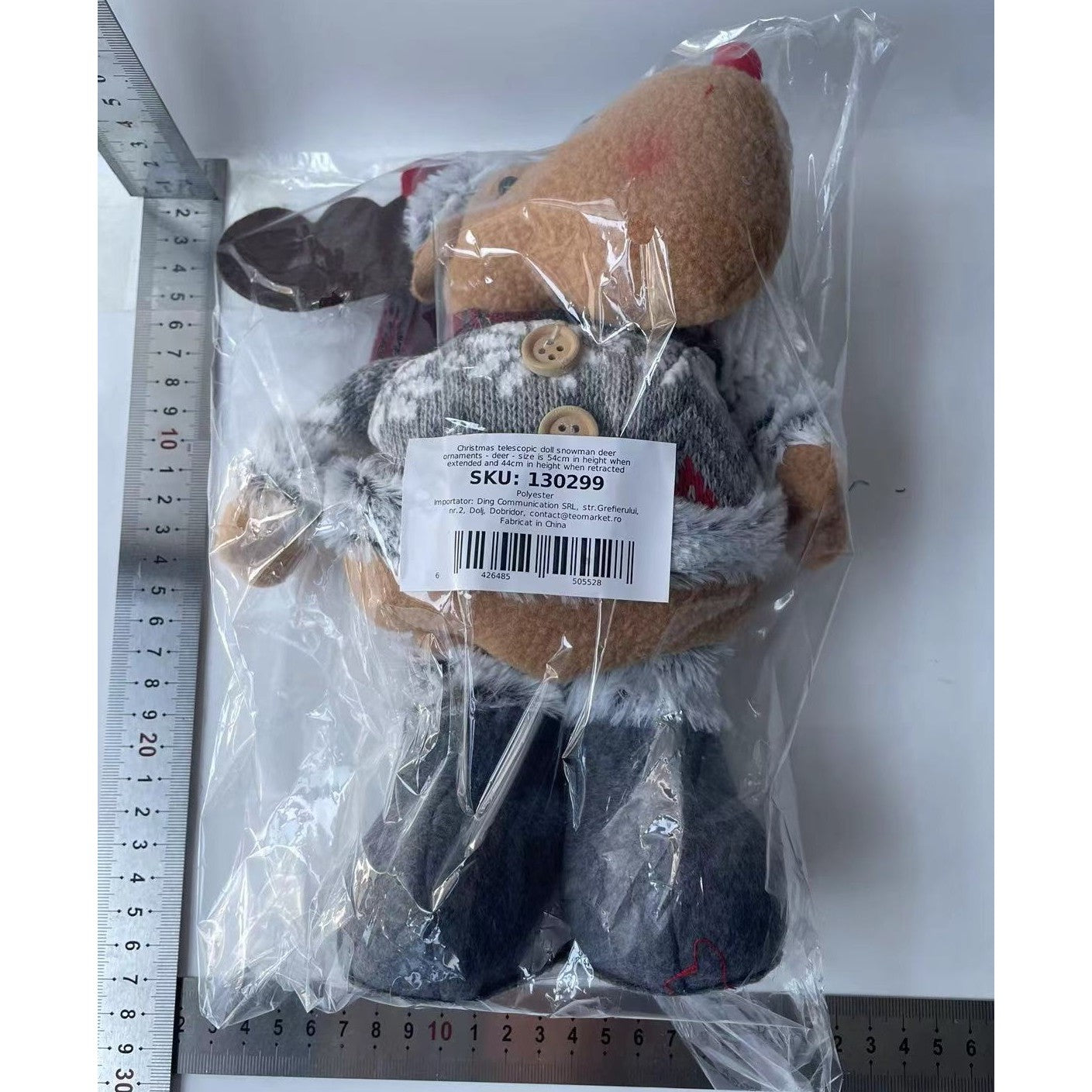 Figurina Decorativa, Pentru Craciun, Kadeny, Ren, Picioare Telescopice, Inaltime Reglabila 44-54cm, Bluza cu Fulgi, Rosu/Gri