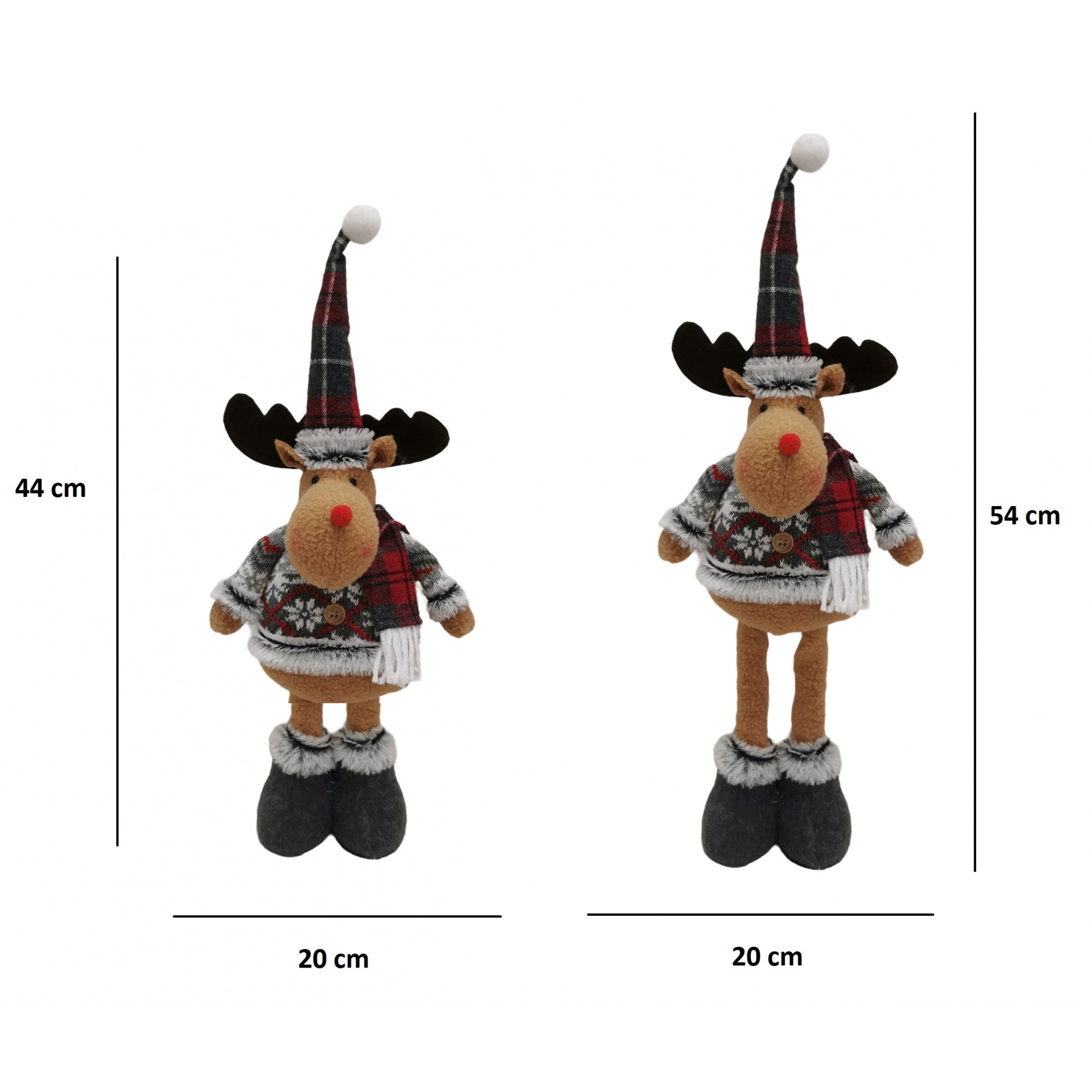 Figurina Decorativa, Pentru Craciun, Kadeny, Ren, Picioare Telescopice, Inaltime Reglabila 44-54cm, Bluza cu Fulgi, Rosu/Gri