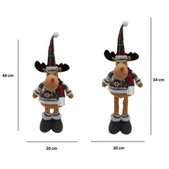 Figurina Decorativa, Pentru Craciun, Kadeny, Ren, Picioare Telescopice, Inaltime Reglabila 44-54cm, Bluza cu Fulgi, Rosu/Gri