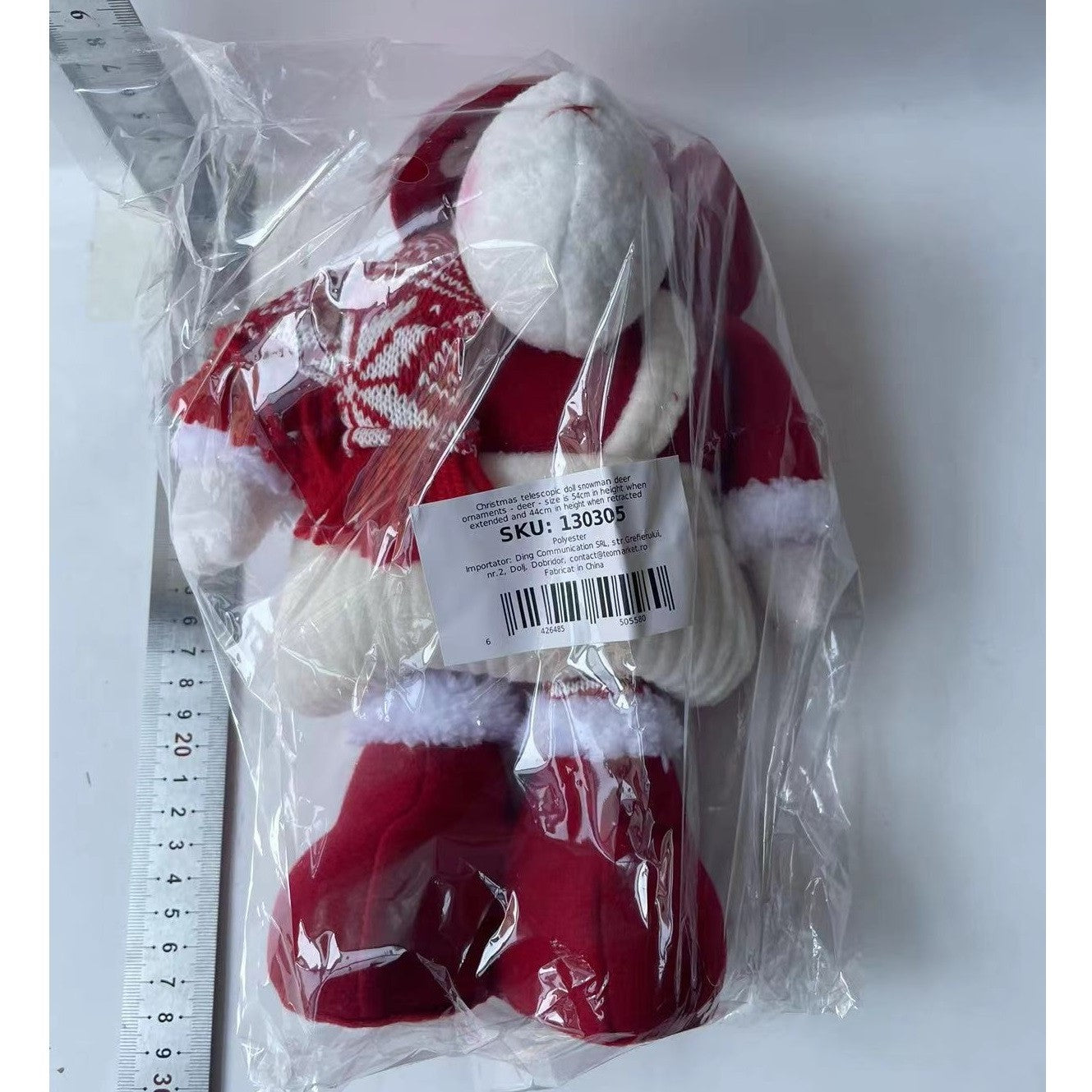 Figurina Decorativa, Pentru Craciun, Kadeny, Ren, Picioare Telescopice, Inaltime Reglabila 44-54cm, Caciula cu Inimioare, Alb/Rosu