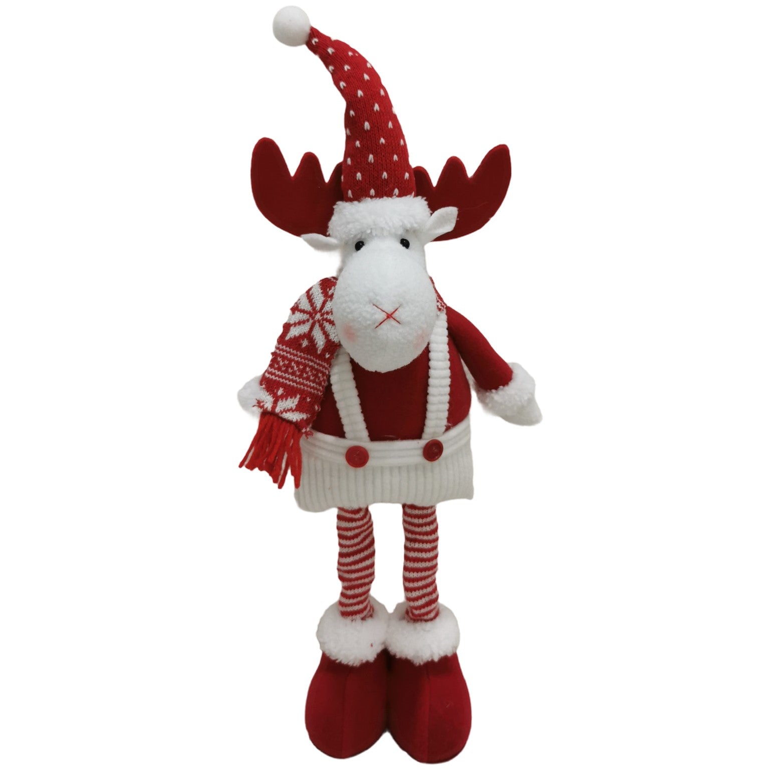 Figurina Decorativa, Pentru Craciun, Kadeny, Ren, Picioare Telescopice, Inaltime Reglabila 44-54cm, Caciula cu Inimioare, Alb/Rosu