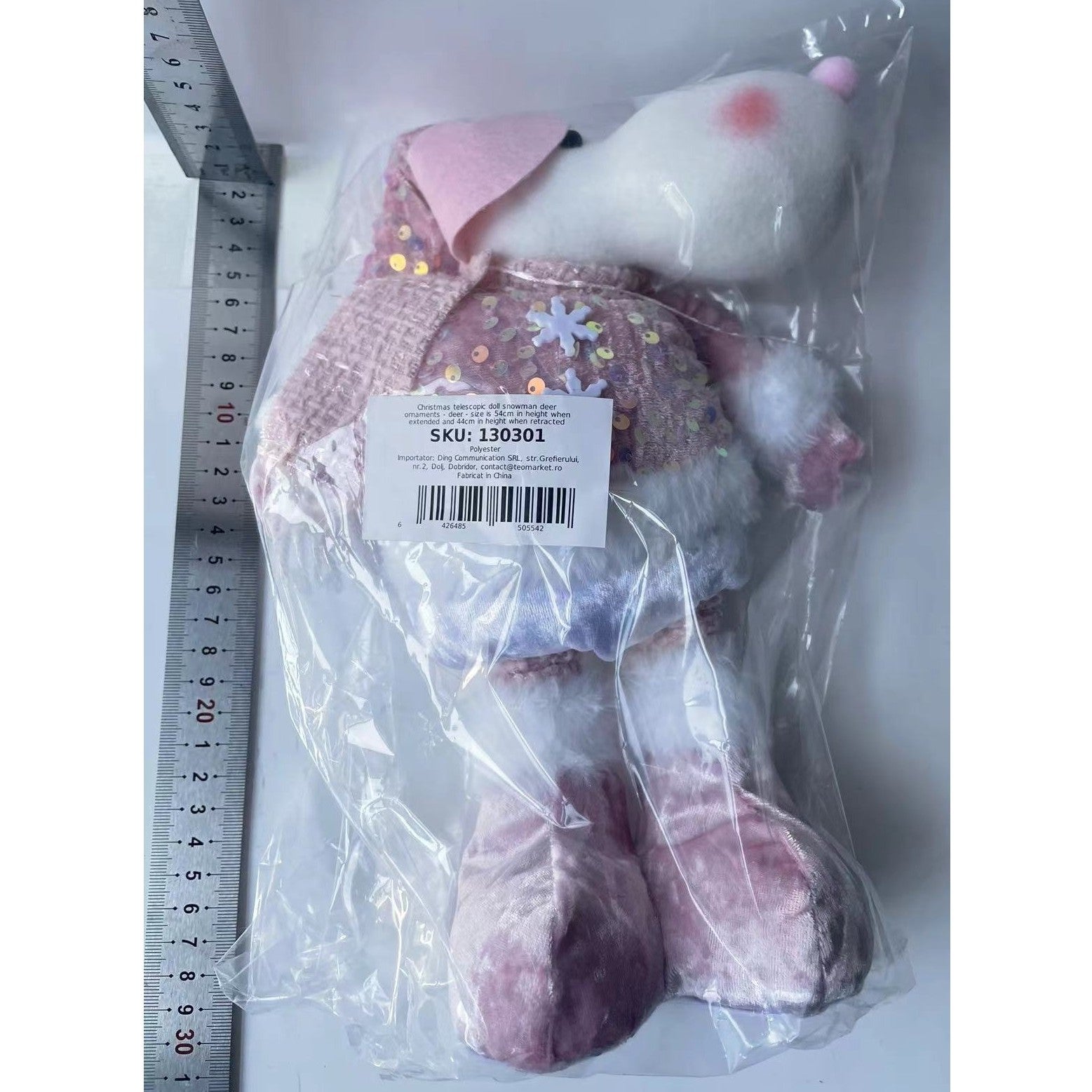 Figurina Decorativa, Pentru Craciun, Kadeny, Ren, Picioare Telescopice, Inaltime Reglabila 44-54cm, Bluza cu Paiete, Roz