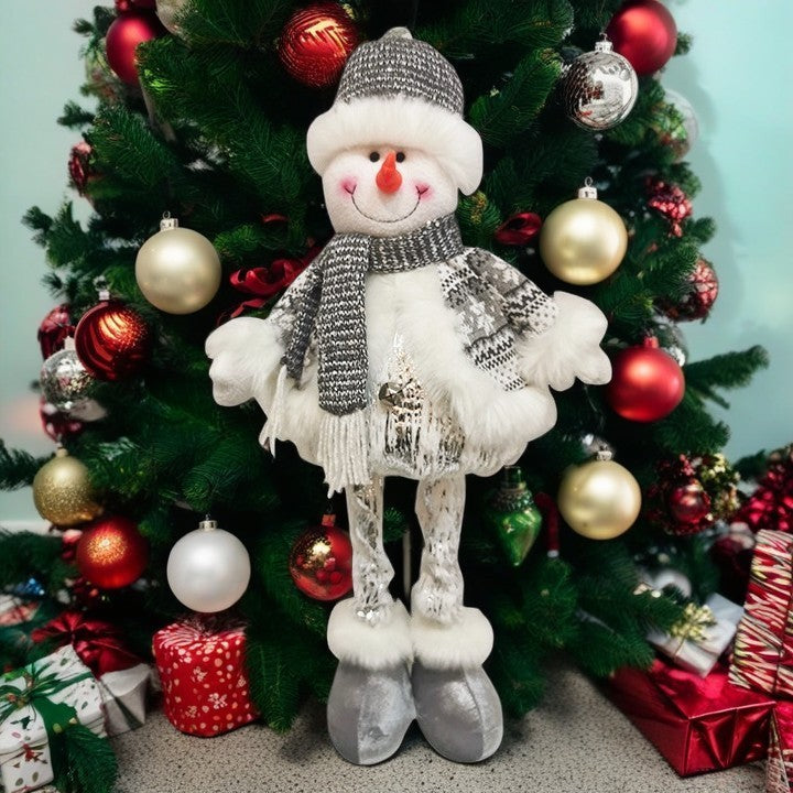 Figurina Decorativa, Pentru Craciun, Kadeny, Om de Zapada, Picioare Telescopice, Inaltime Reglabila 33- 70 cm, Pantaloni Luciosi, Alb/Argintiu