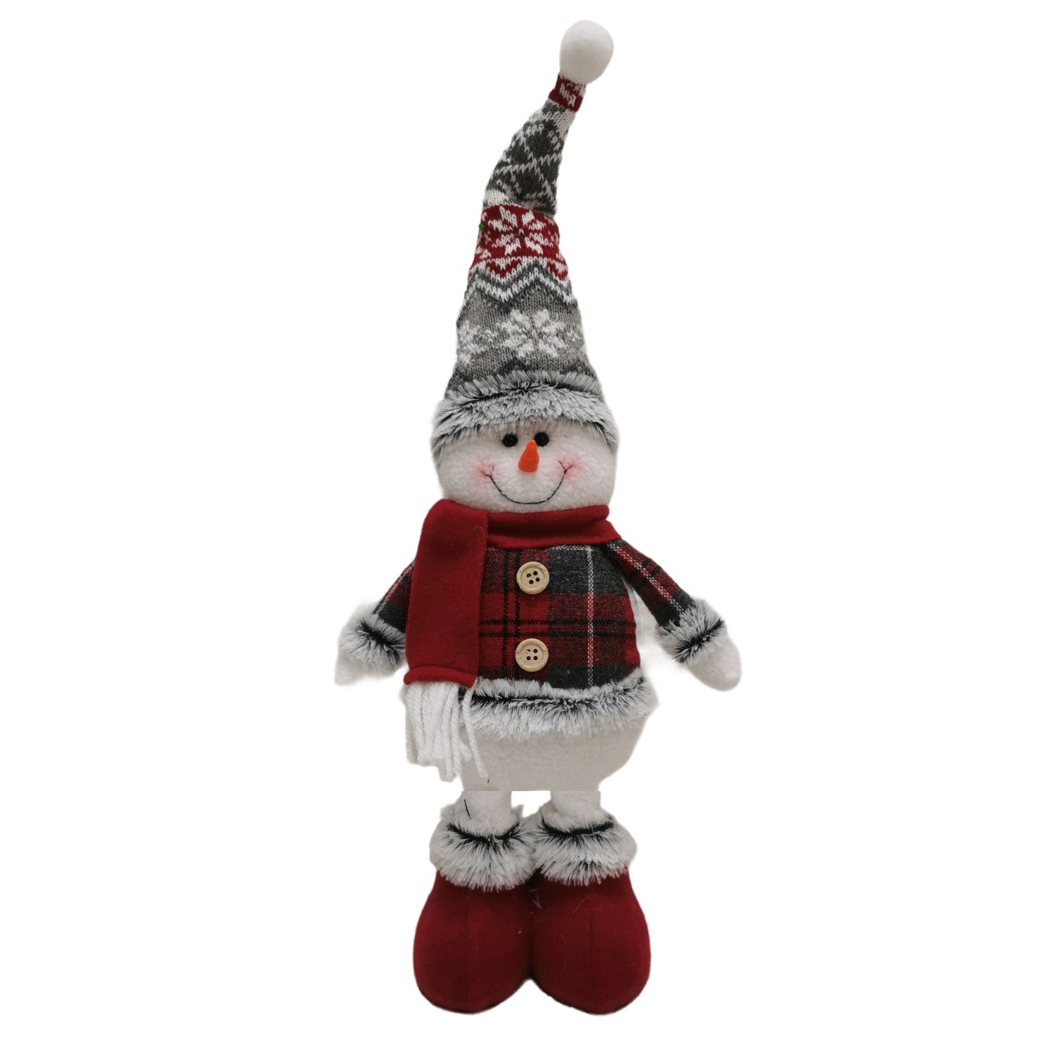 Figurina Decorativa, Pentru Craciun, Kadeny, Om de Zapada, Picioare Telescopice, Inaltime Reglabila 44-54cm, Caciula cu Fugi, Rosu/Gri