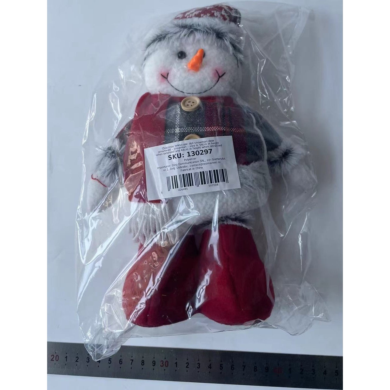 Figurina Decorativa, Pentru Craciun, Kadeny, Om de Zapada, Picioare Telescopice, Inaltime Reglabila 44-54cm, Caciula cu Fugi, Rosu/Gri