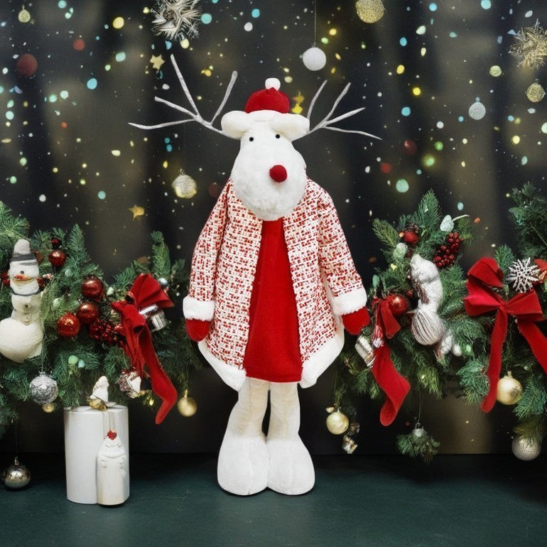 Figurina Decorativa, Pentru Craciun, Kadeny, Ren, Picioare Telescopice, Inaltime Reglabila 42 - 80 cm, cu Haina, Alb/Rosu