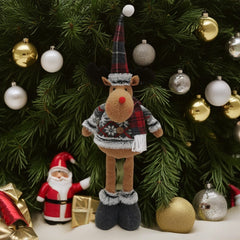 Figurina Decorativa, Pentru Craciun, Kadeny, Ren, Picioare Telescopice, Inaltime Reglabila 44-54cm, Bluza cu Fulgi, Rosu/Gri