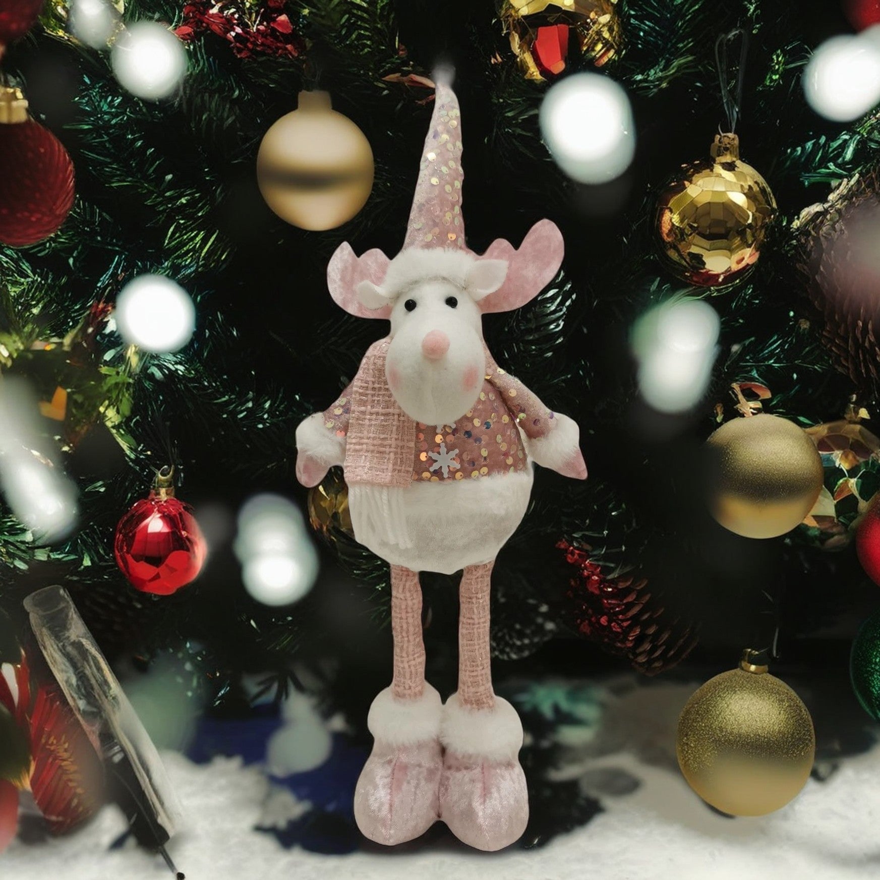 Figurina Decorativa, Pentru Craciun, Kadeny, Ren, Picioare Telescopice, Inaltime Reglabila 44-54cm, Bluza cu Paiete, Roz