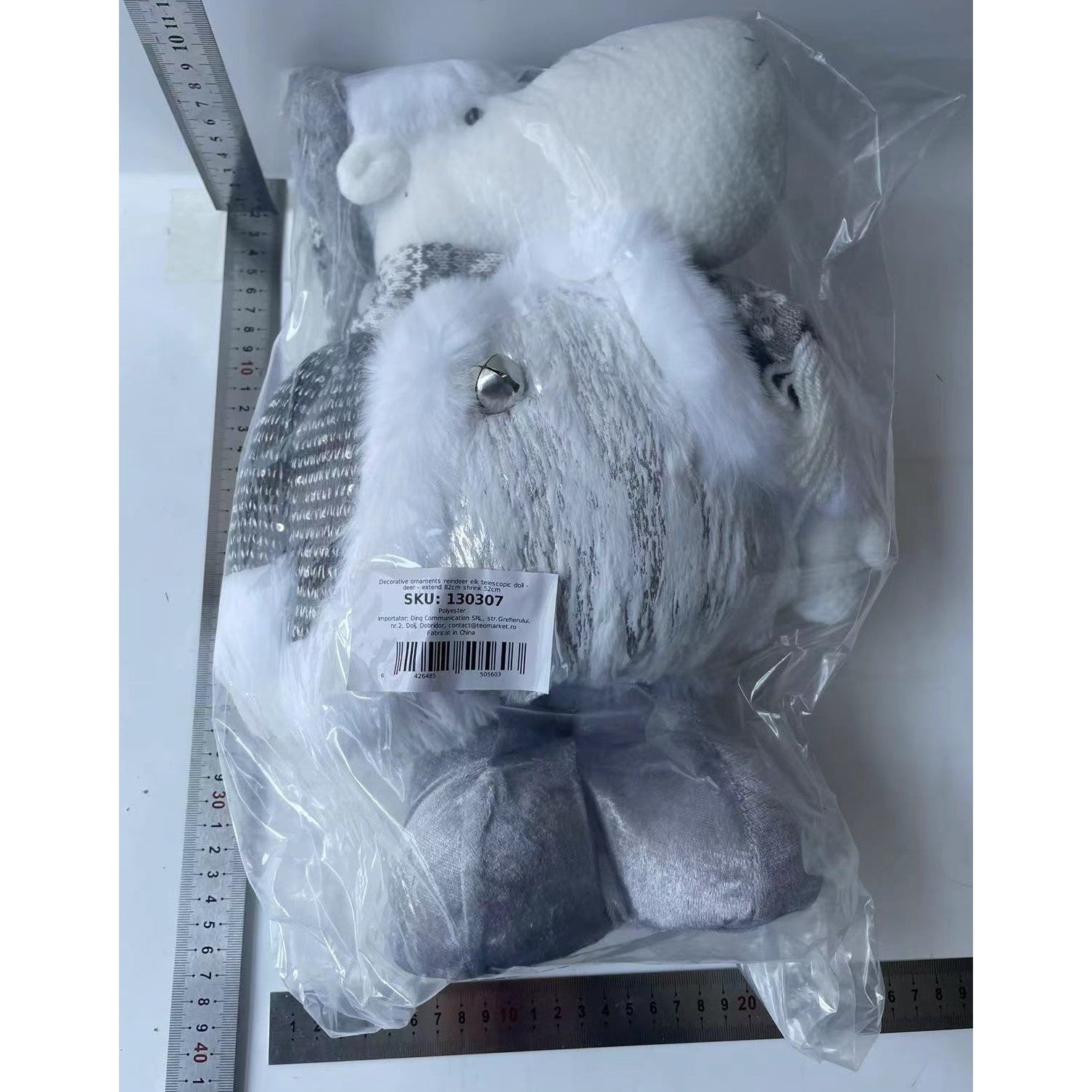 Figurina Decorativa, Pentru Craciun, Kadeny, Ren, Picioare Telescopice, Inaltime Reglabila 52- 82 cm, Pantaloni Luciosi, Alb/Argintiu