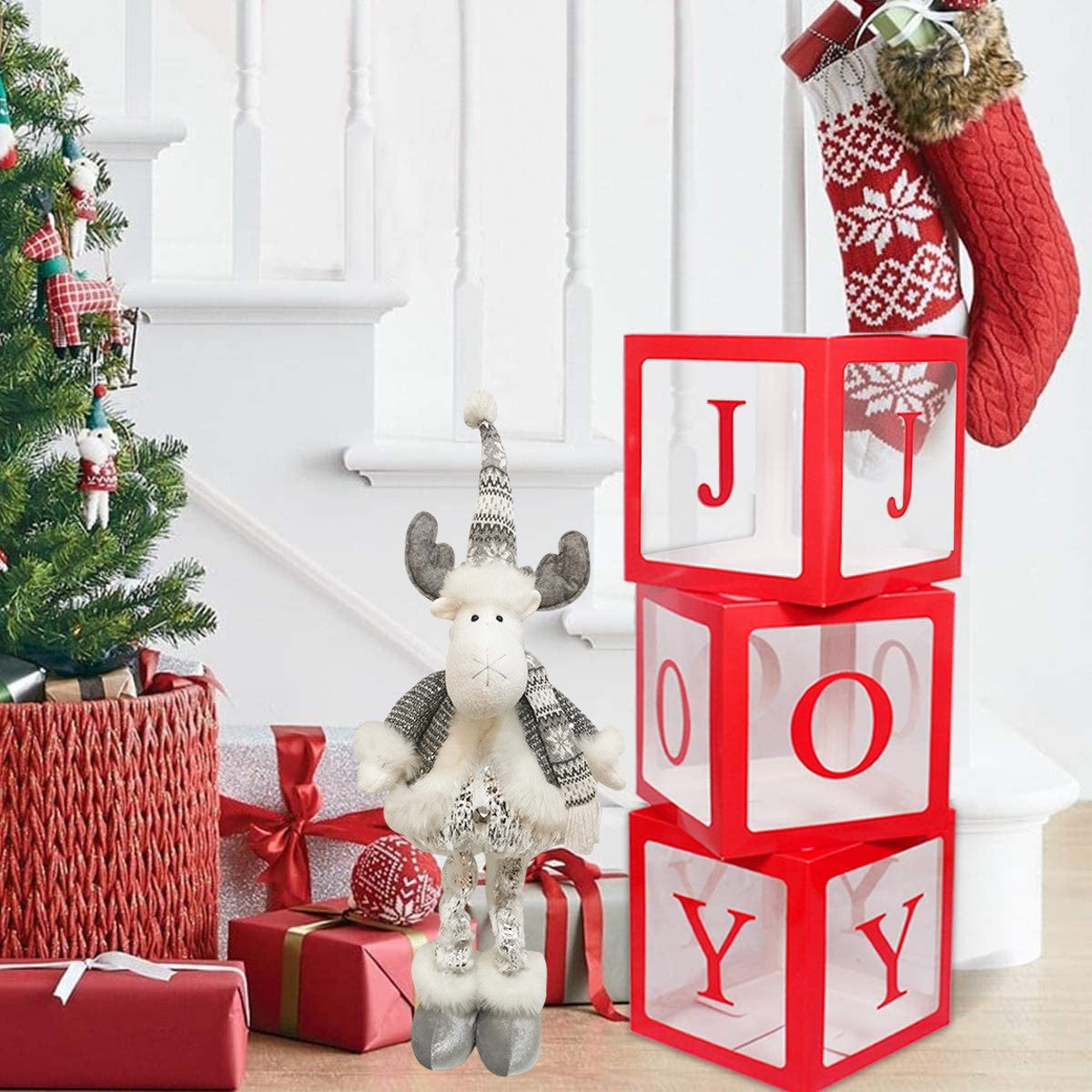 Figurina Decorativa, Pentru Craciun, Kadeny, Ren, Picioare Telescopice, Inaltime Reglabila 52- 82 cm, Pantaloni Luciosi, Alb/Argintiu