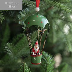 Figurina pentru Brad de Craciun, Kadeny, Model Mos Craciun in Balon cu Aer Cald, Ornament pentru Brad, din Metal, 11 x 5.5 x 5.5 cm, Verde