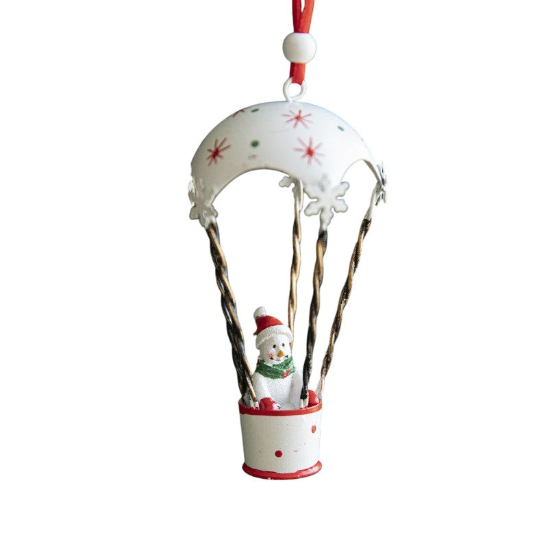 Figurina pentru Brad de Craciun, Kadeny, Model Om de Zapada in Balon cu Aer Cald, Ornament pentru Brad, din Metal, 11 x 5.5 x 5.5 cm, Alb