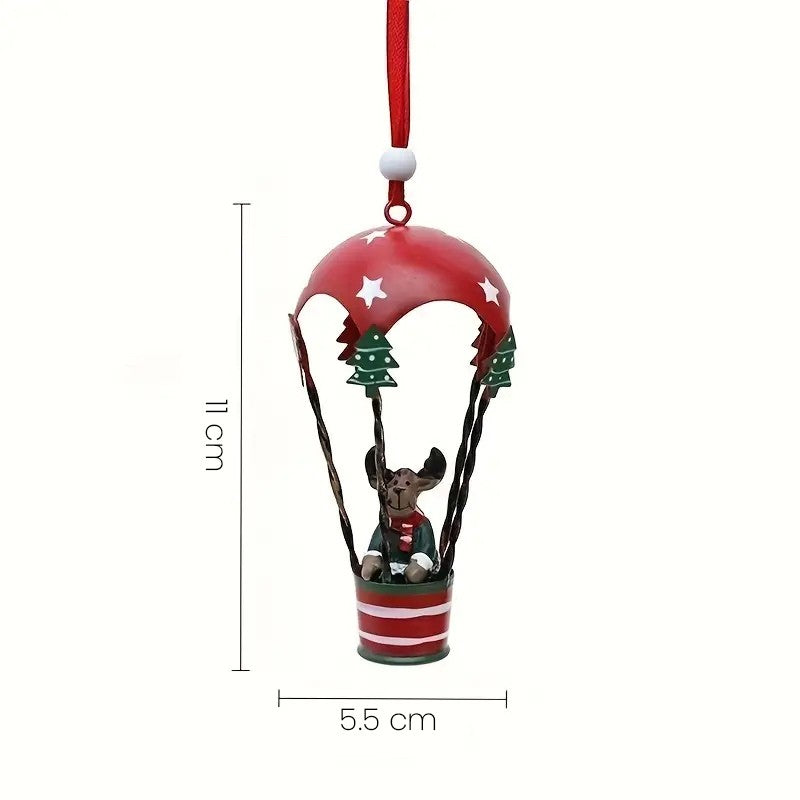Figurina pentru Brad de Craciun, Kadeny, Model Ren in Balon cu Aer Cald, Ornament pentru Brad, din Metal, 11 x 5.5 x 5.5 cm, Rosu inchis