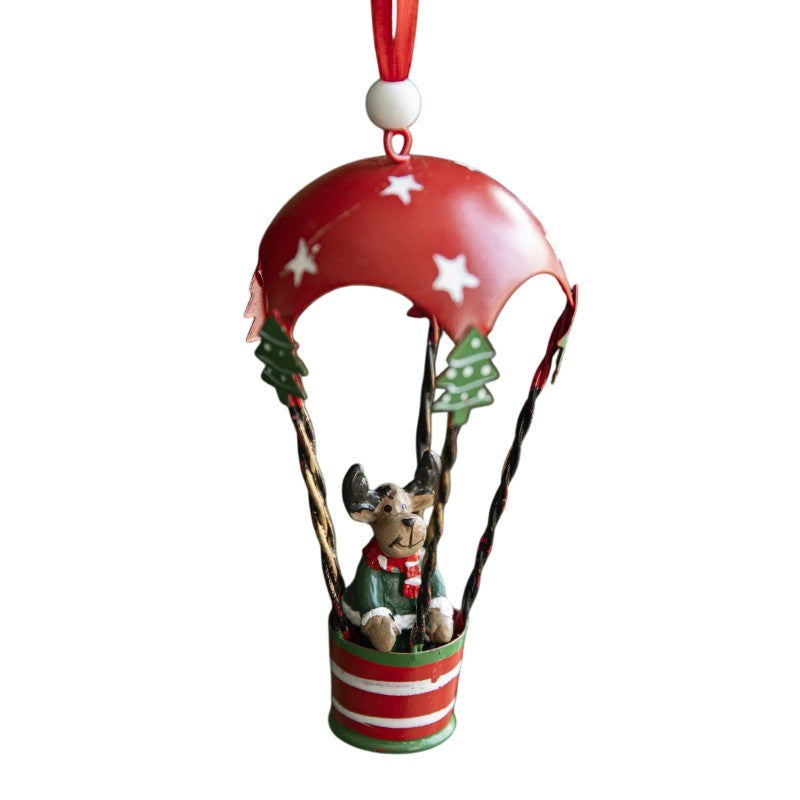 Figurina pentru Brad de Craciun, Kadeny, Model Ren in Balon cu Aer Cald, Ornament pentru Brad, din Metal, 11 x 5.5 x 5.5 cm, Rosu inchis