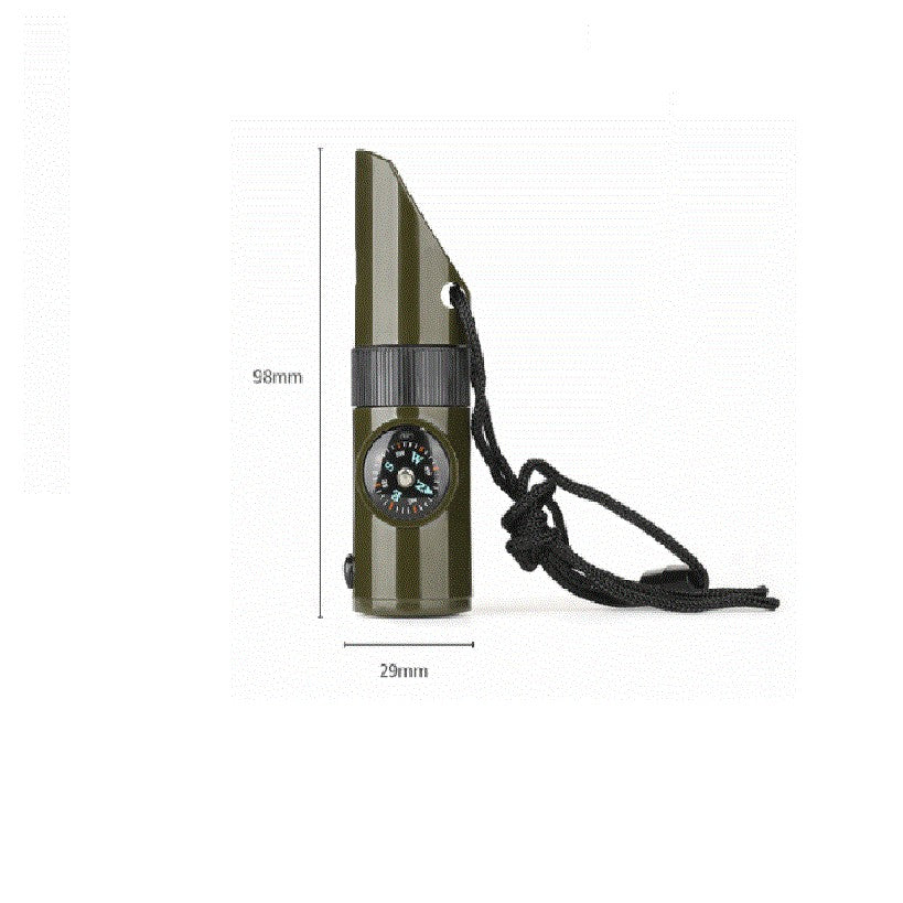 Kit supravieturie Kaveny, Fluier multifunctional 7 in 1, pentru drumetii, hiking, lupa, fluier, termometru, depozitare pastile, busola, din material ABS, cu snur,  9,7 x 2,8 cm, verde
