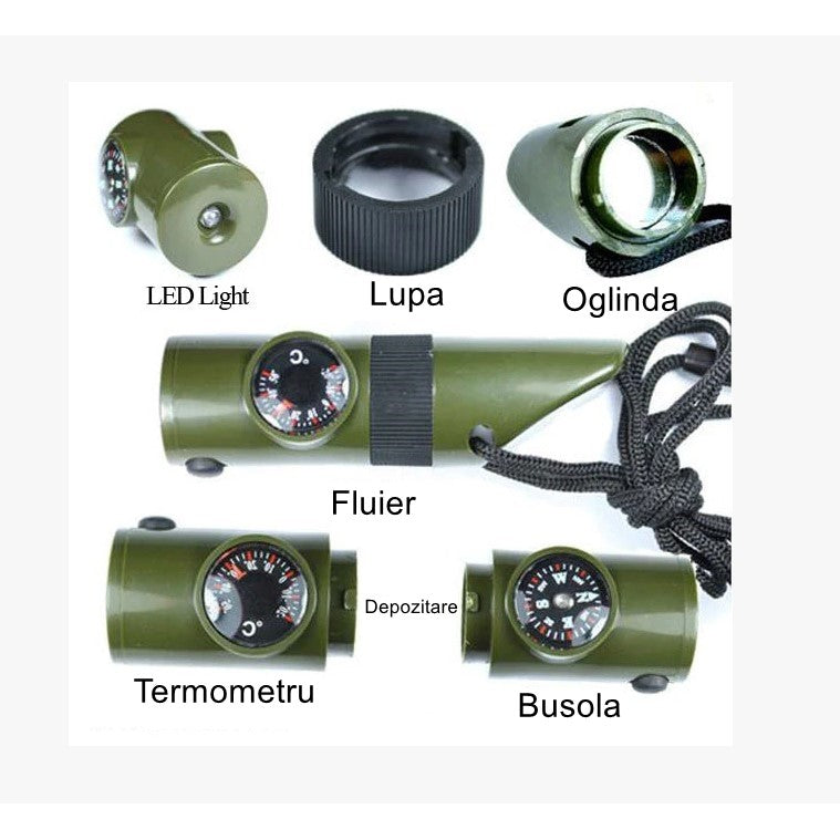 Kit supravieturie Kaveny, Fluier multifunctional 7 in 1, pentru drumetii, hiking, lupa, fluier, termometru, depozitare pastile, busola, din material ABS, cu snur,  9,7 x 2,8 cm, verde
