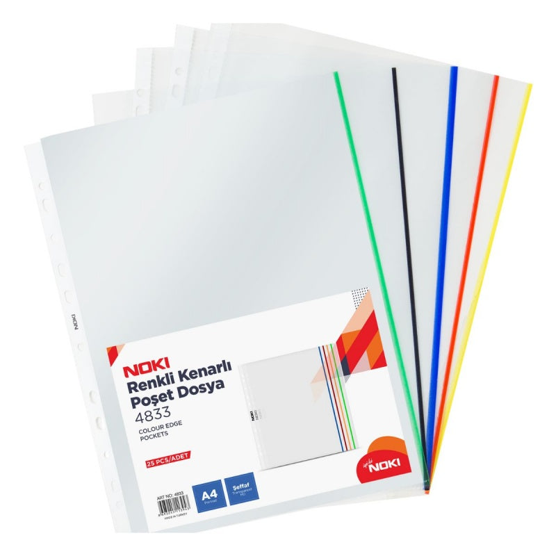 Folie de protectie Noki 4833, A4, portret, 70 microni, plastic, transparent, cu perforatii, margini colorate, set 25 buc