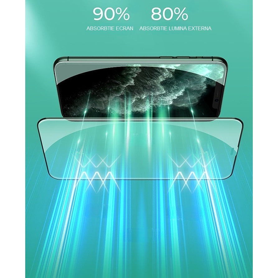 Folie de Sticla Securizata pentru Apple iPhone 15 Pro, Kadeny, Lumina Verde Anti-Blue Ray, Auto-Aplicare, Protectie Completa 9D, Verde