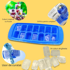 Forma pentru cuburi de gheata Kaveny, 14 cuburi, reutilizabil, plastic alimentar, cu capac, orificiu umplere, dreptunghiulara, 29.5 x 12.5 x4 cm, albastru