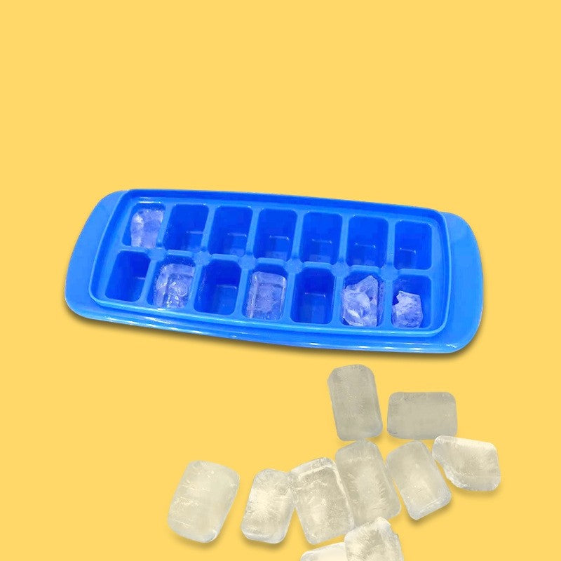 Forma pentru cuburi de gheata Kaveny, 14 cuburi, reutilizabil, plastic alimentar, cu capac, orificiu umplere, dreptunghiulara, 29.5 x 12.5 x4 cm, albastru