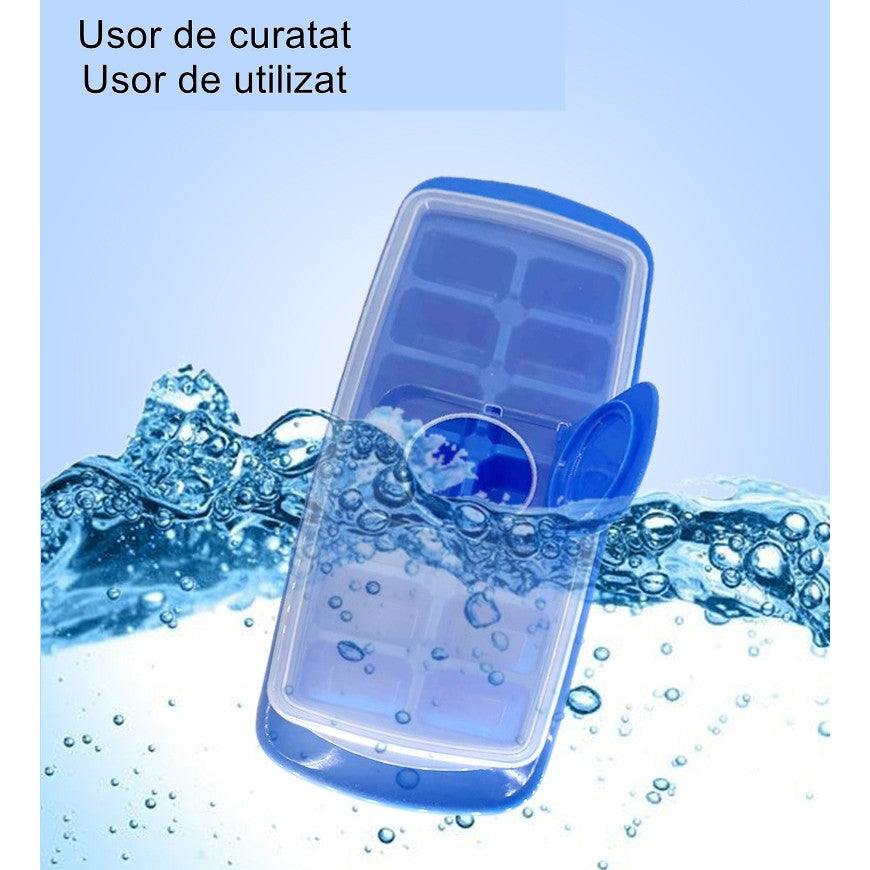 Forma pentru cuburi de gheata Kaveny, 14 cuburi, reutilizabil, plastic alimentar, cu capac, orificiu umplere, dreptunghiulara, 29.5 x 12.5 x4 cm, albastru