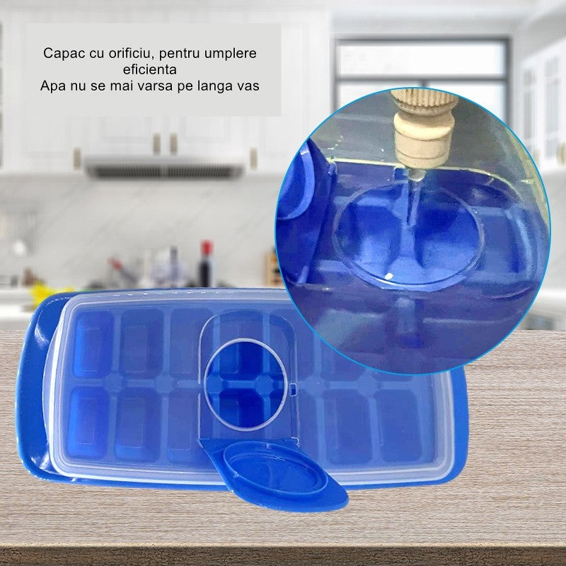 Forma pentru cuburi de gheata Kaveny, 14 cuburi, reutilizabil, plastic alimentar, cu capac, orificiu umplere, dreptunghiulara, 29.5 x 12.5 x4 cm, albastru