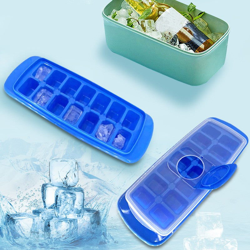 Forma pentru cuburi de gheata Kaveny, 14 cuburi, reutilizabil, plastic alimentar, cu capac, orificiu umplere, dreptunghiulara, 29.5 x 12.5 x4 cm, albastru