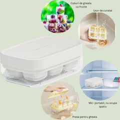 Forma pentru gheata cu presa Kaveny, din silicon alimentar, 6 cuburi, caserola pentru depozitare, usor de folosit si curatat, 10.5 x 7.5 x 4.1 cm, alb