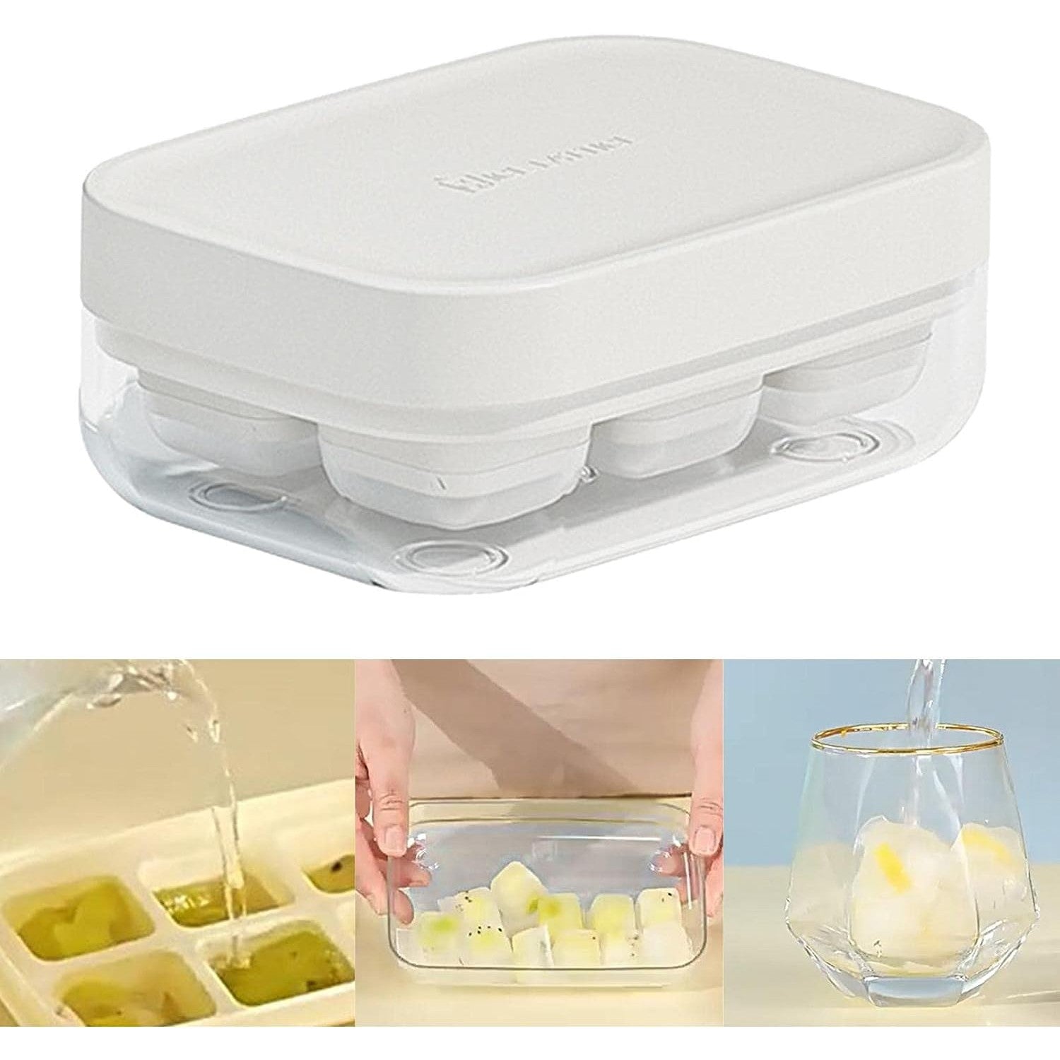 Forma pentru gheata cu presa Kaveny, din silicon alimentar, 6 cuburi, caserola pentru depozitare, usor de folosit si curatat, 10.5 x 7.5 x 4.1 cm, alb