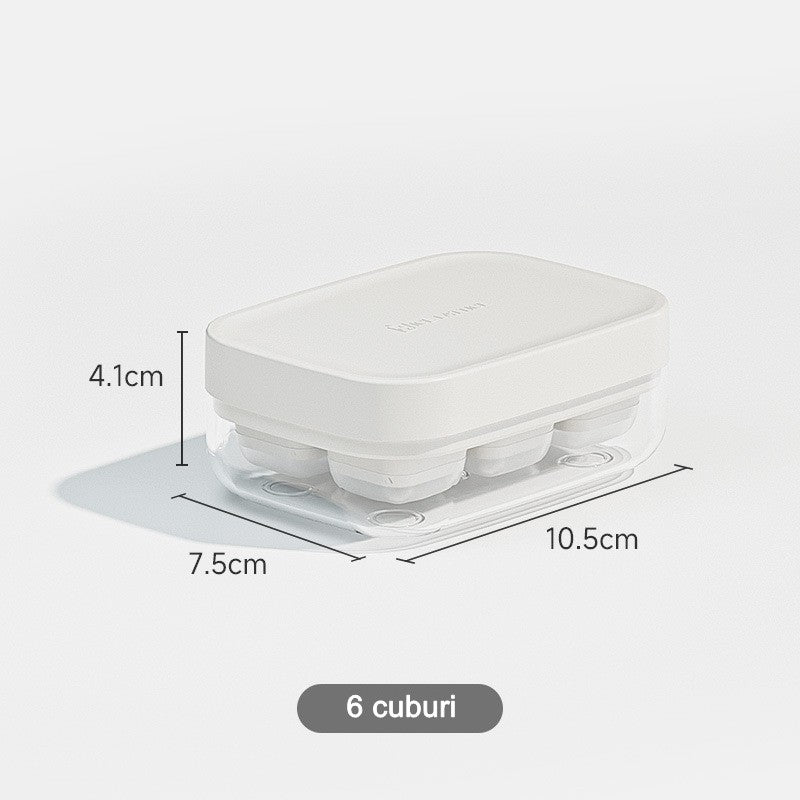 Forma pentru gheata cu presa Kaveny, din silicon alimentar, 6 cuburi, caserola pentru depozitare, usor de folosit si curatat, 10.5 x 7.5 x 4.1 cm, alb