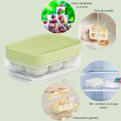Forma pentru gheata cu presa Kaveny, din silicon alimentar, 6 cuburi, caserola pentru depozitare, usor de folosit si curatat, 10.5 x 7.5 x 4.1 cm, verde