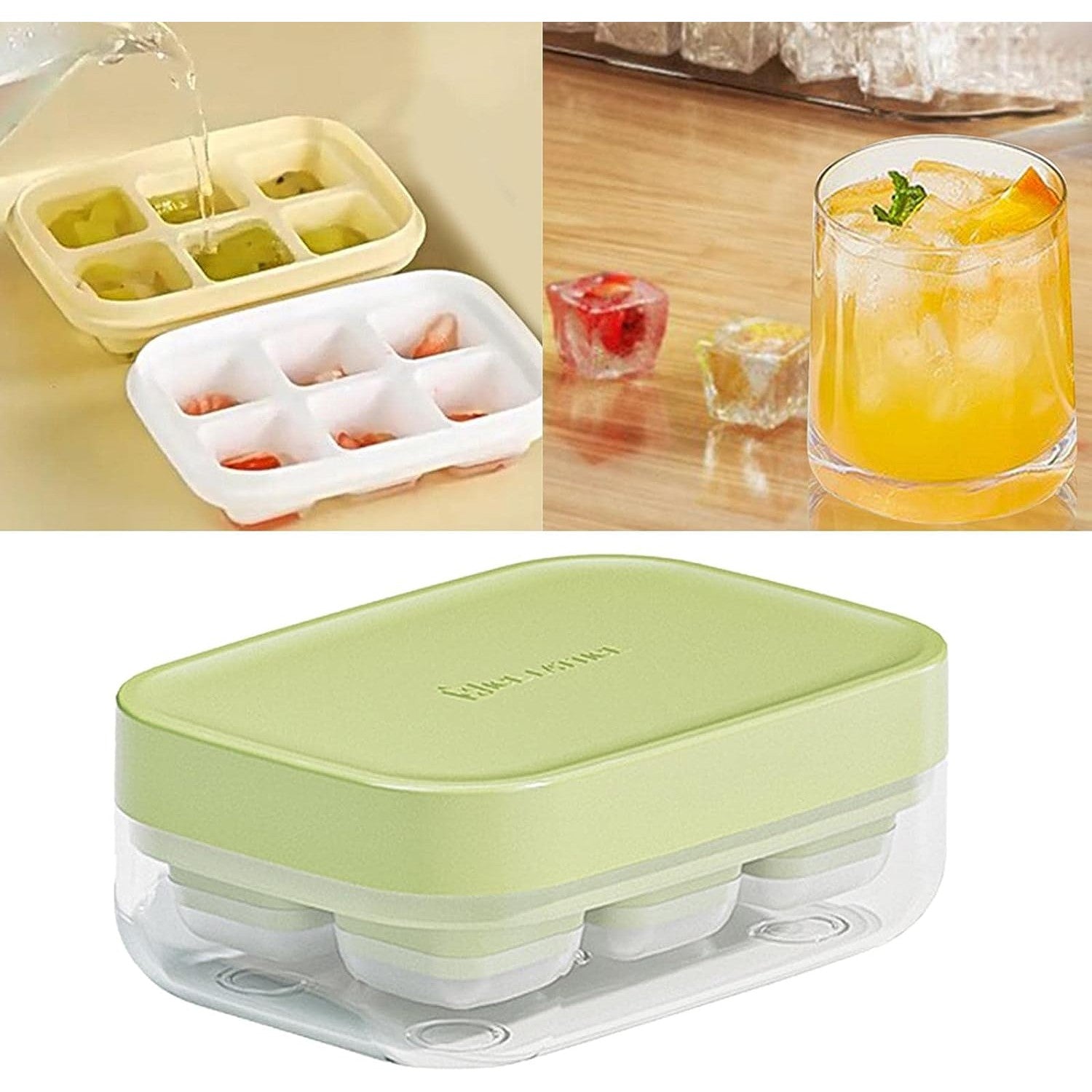 Forma pentru gheata cu presa Kaveny, din silicon alimentar, 6 cuburi, caserola pentru depozitare, usor de folosit si curatat, 10.5 x 7.5 x 4.1 cm, verde