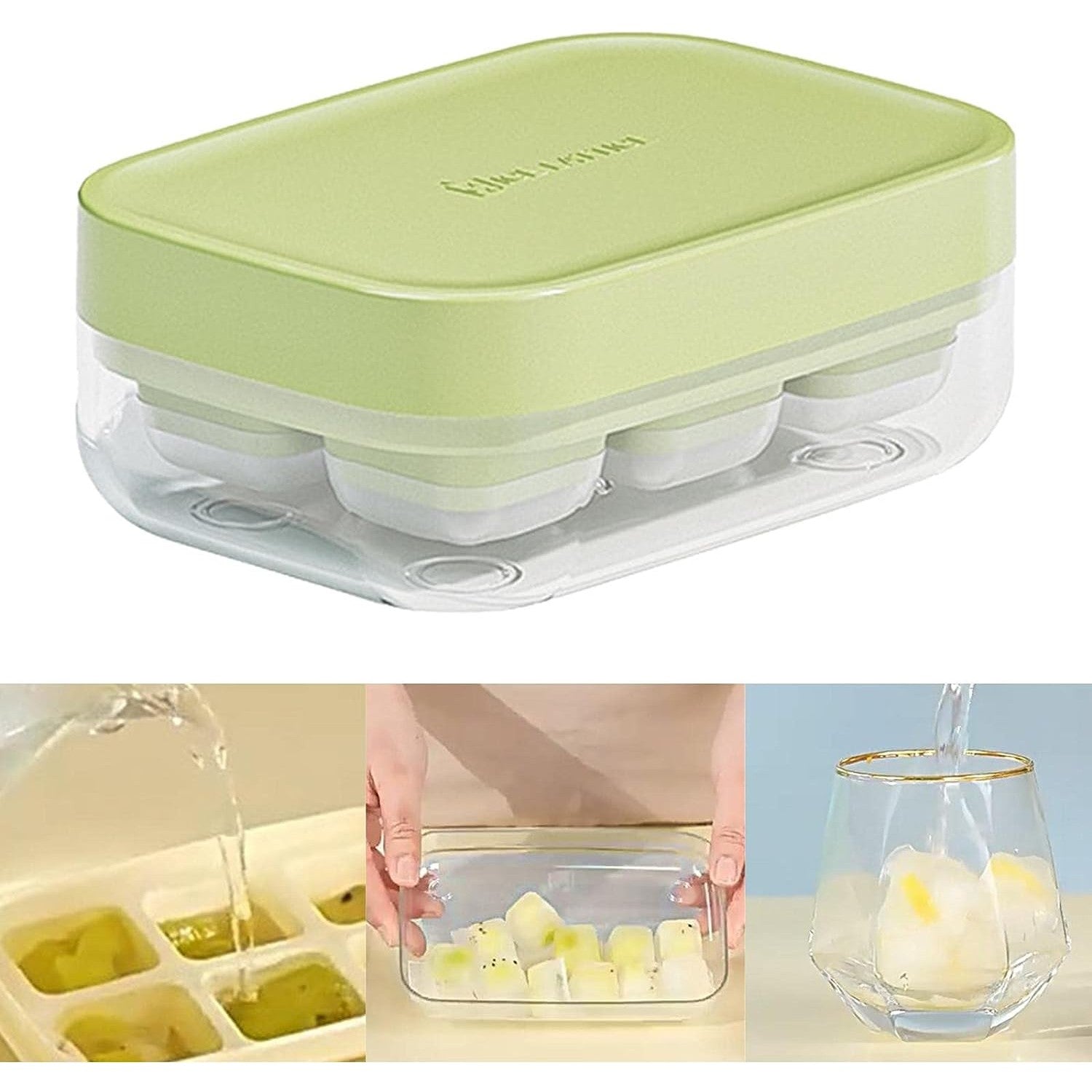 Forma pentru gheata cu presa Kaveny, din silicon alimentar, 6 cuburi, caserola pentru depozitare, usor de folosit si curatat, 10.5 x 7.5 x 4.1 cm, verde