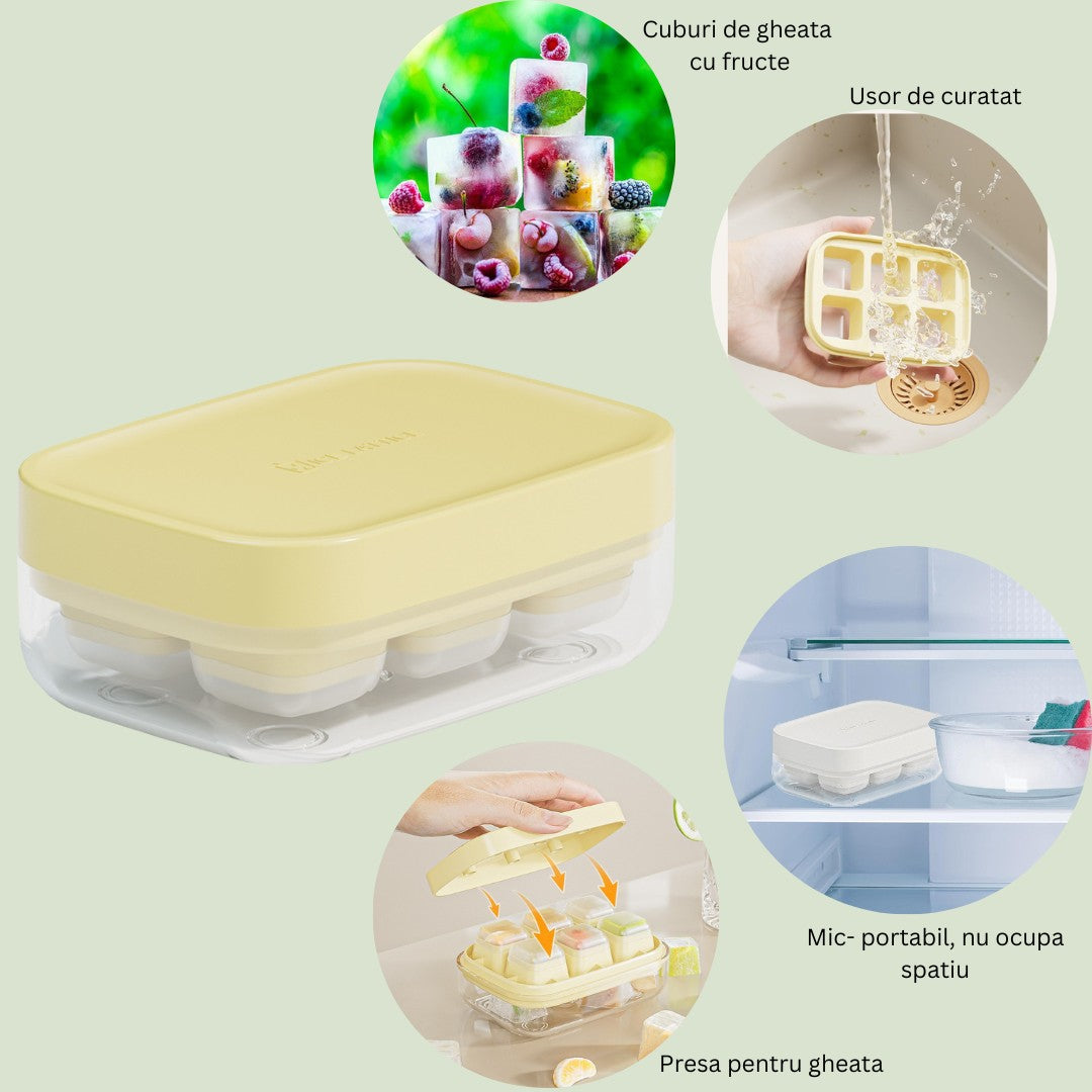 Forma pentru gheata cu presa Kaveny, din silicon alimentar, 6 cuburi, caserola pentru depozitare, usor de folosit si curatat, 10.5 x 7.5 x 4.1 cm, galben