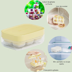 Forma pentru gheata cu presa Kaveny, din silicon alimentar, 6 cuburi, caserola pentru depozitare, usor de folosit si curatat, 10.5 x 7.5 x 4.1 cm, galben