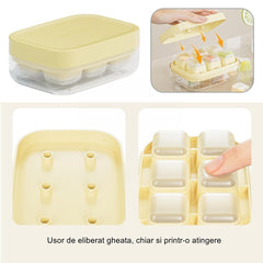 Forma pentru gheata cu presa Kaveny, din silicon alimentar, 6 cuburi, caserola pentru depozitare, usor de folosit si curatat, 10.5 x 7.5 x 4.1 cm, galben